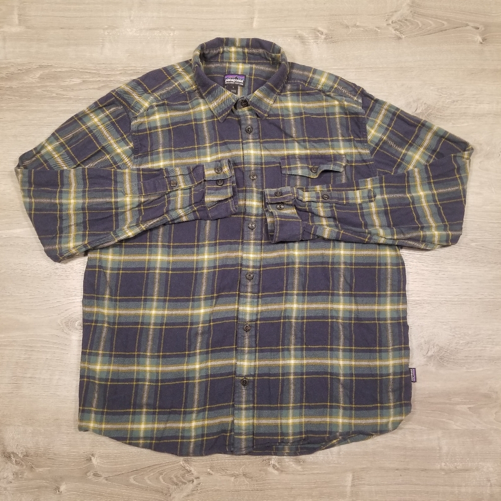 Patagonia 100% Organic Cotton Flannel Shirt Long Sleeve Men’s Large Green/Blue